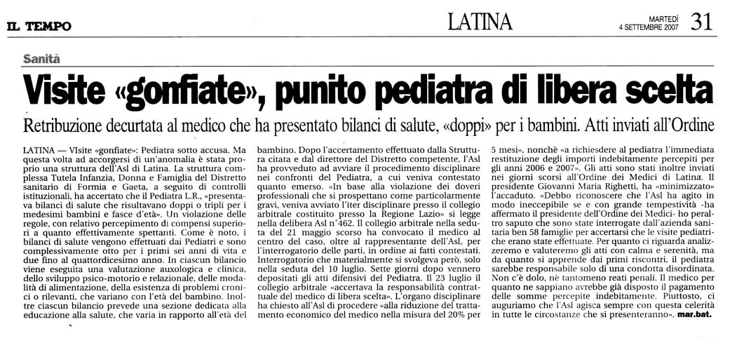 Il Tempo 04.09.2007 Rassegna stampa sanita' provincia Latina Ordine Medici Latina
