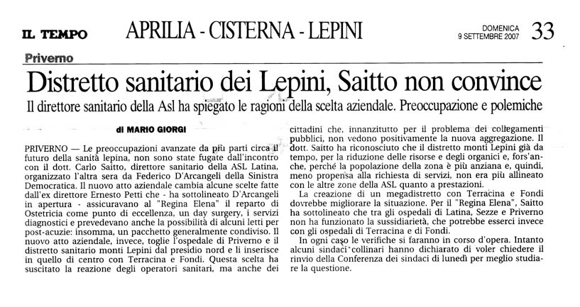Il Tempo 09.09.2007 Rassegna stampa sanita' provincia Latina Ordine Medici Latina