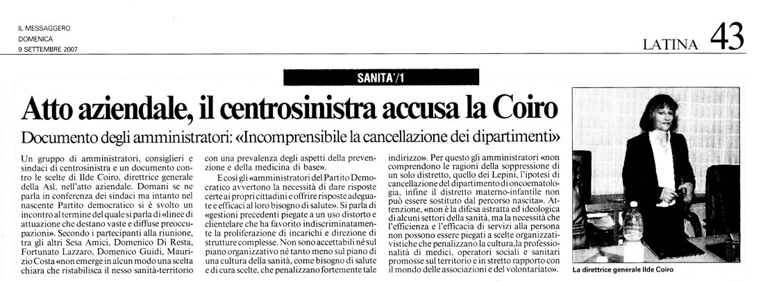 Il Messaggero 09.09.2007 Rassegna stampa sanita' provincia Latina Ordine Medici Latina