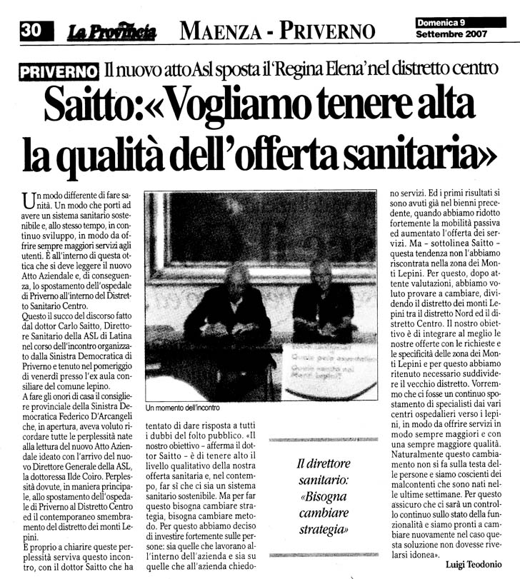 La Provincia 09.09.2007 Rassegna stampa sanita' provincia Latina Ordine Medici Latina