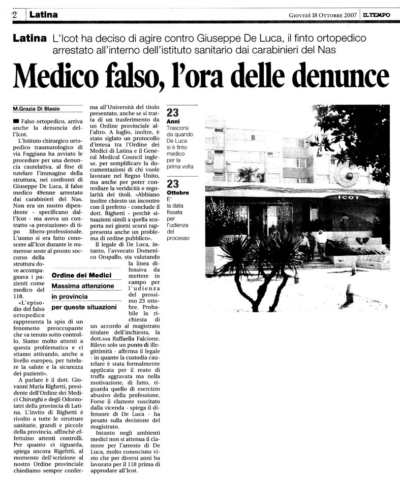 Il Tempo 18.10.2007 Rassegna stampa sanita' provincia Latina Ordine Medici Latina