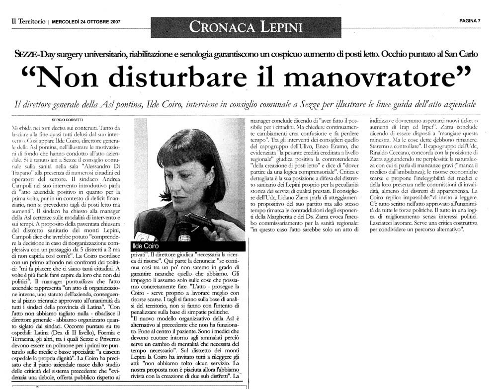 Il Territorio 24.10.2007 Rassegna stampa sanita' provincia Latina Ordine Medici Latina
