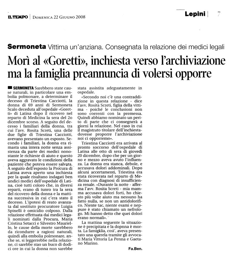 Il Tempo 22.06.2008 Rassegna stampa sanita' provincia Latina Ordine Medici Latina