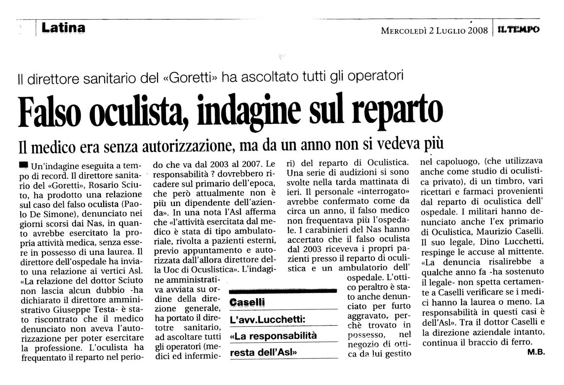 Il Tempo 02.07.2008 Rassegna stampa sanita' provincia Latina Ordine Medici Latina