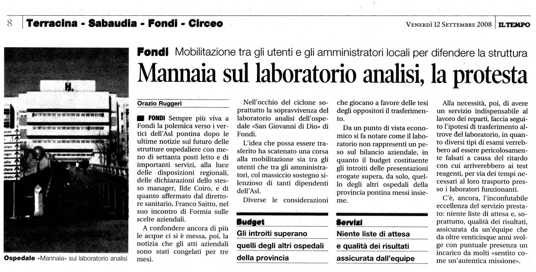 Il Tempo 12.09.2008 Rassegna stampa sanita' provincia Latina Ordine Medici Latina