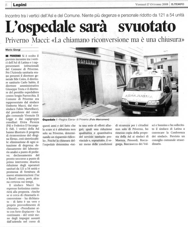 Il Tempo 17.10.2008 Rassegna stampa sanita' provincia Latina Ordine Medici Latina
